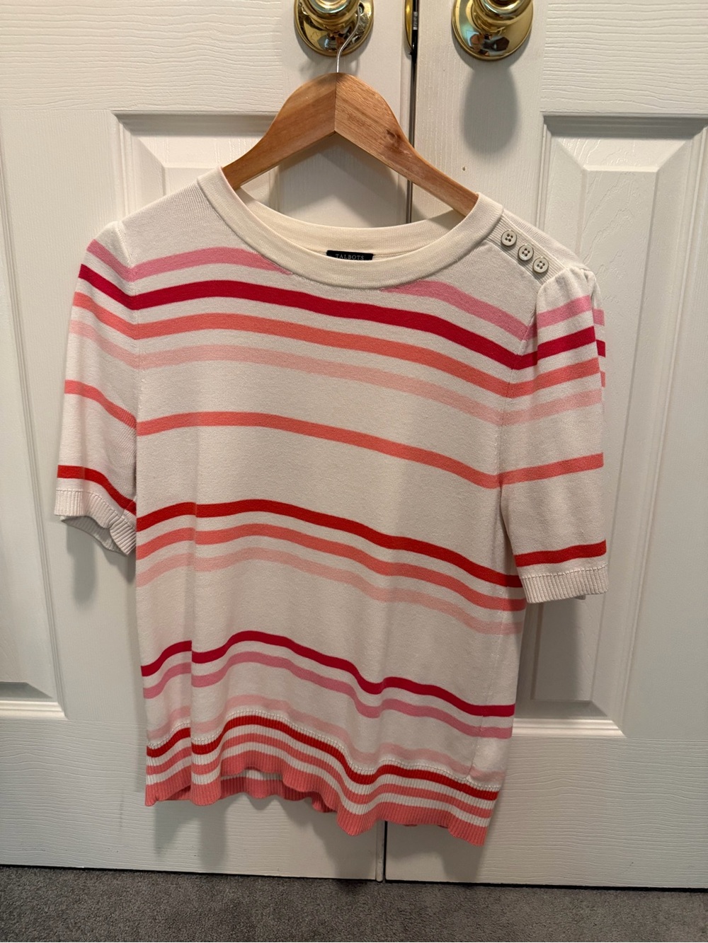 Talbots Striped Short-Sleeve Sweater Top - Pink and White